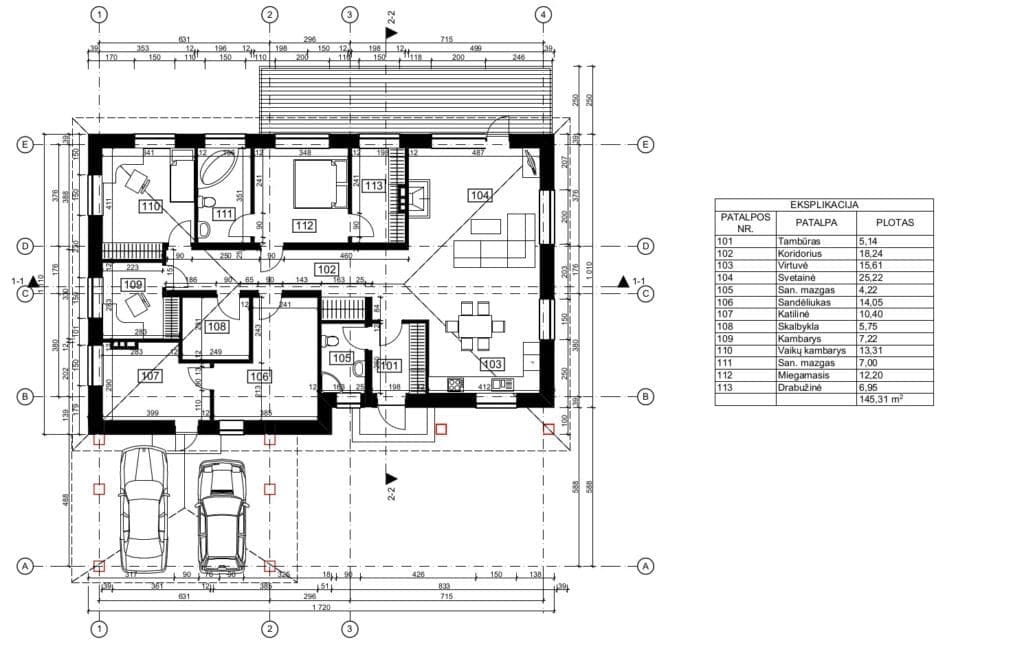 Vienbučio gyvenamojo namo projektas planai